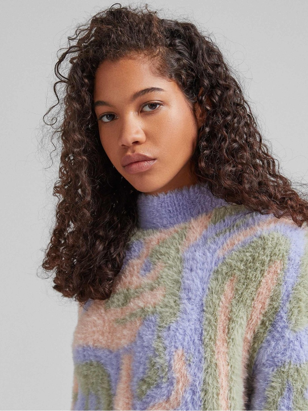 Bershka Pastel Abstract Fuzzy Turtleneck Sweater - Lavender, Green, Pink - Picture 2 of 9